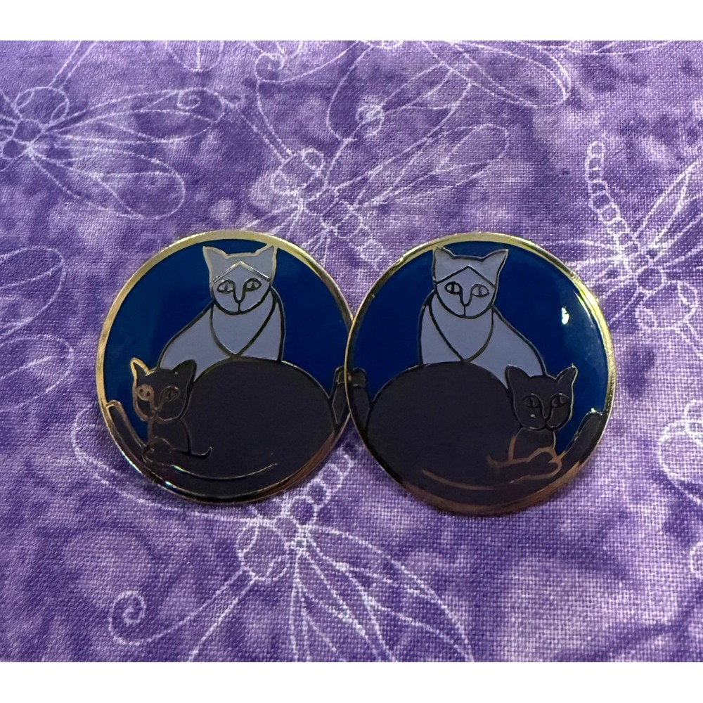 Cat Kitten Kitty Womens Earrings Blue Purple Vintage Enamel Studs Signed Meow